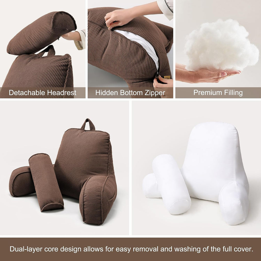 Ailuteie Reading Pillow for Sitting Up, Backrest Pillow with Arms, Corduroy Back Support Cushion with Side Pockets & Washable Cover, Bed Re…