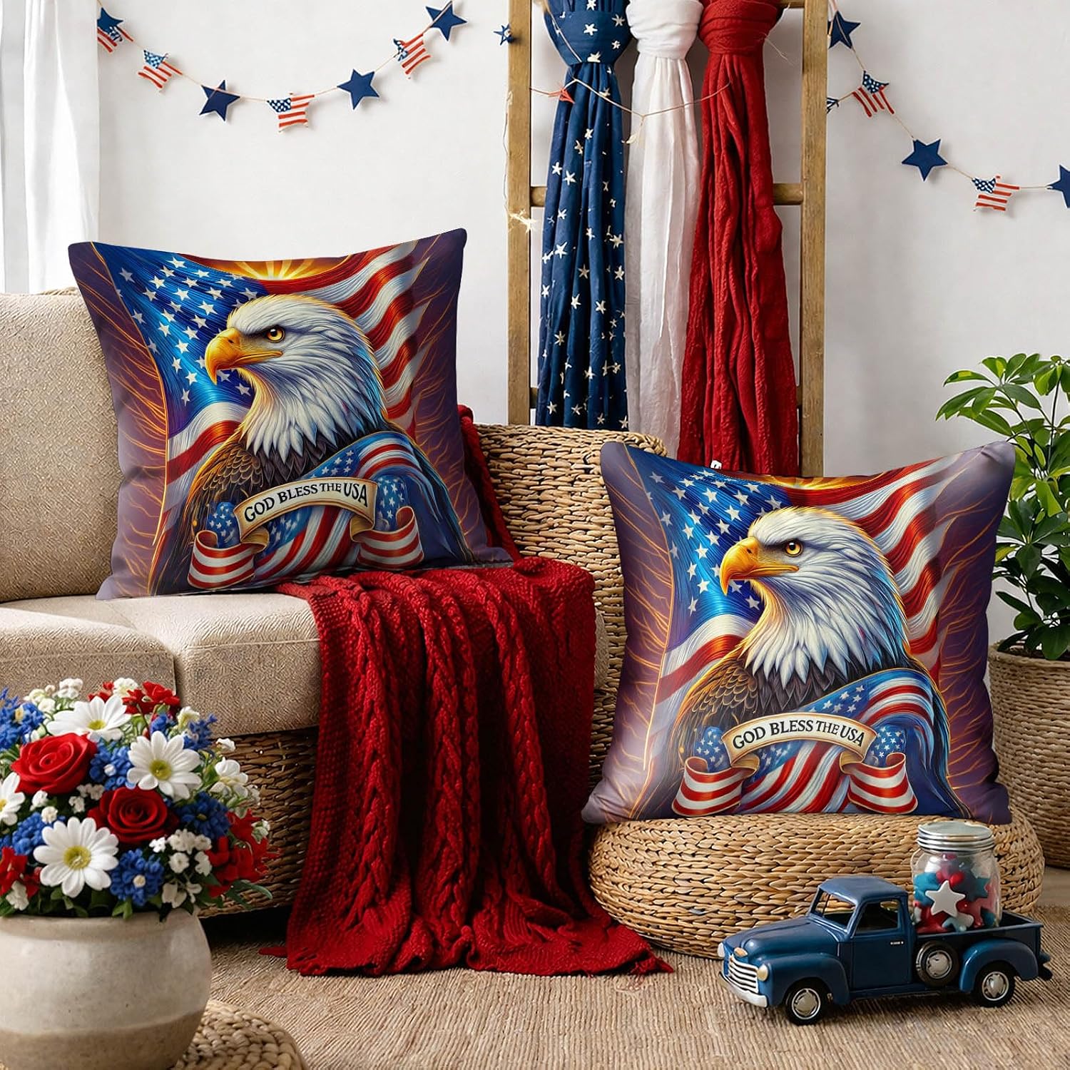 BlissYard Patriotic Eagle Pillow Covers 18x18 Set of 2 American Flag Throw Pillow Covers 4th of July Patriotic Pillow Covers Satin…