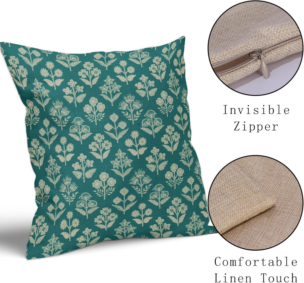 Teal Floral Block Print Pillow Covers 18x18 Inch Set of 2, Vintage Flower Pattern Decorative Throw Pillowcases Outdoor Farmhouse Cushion…