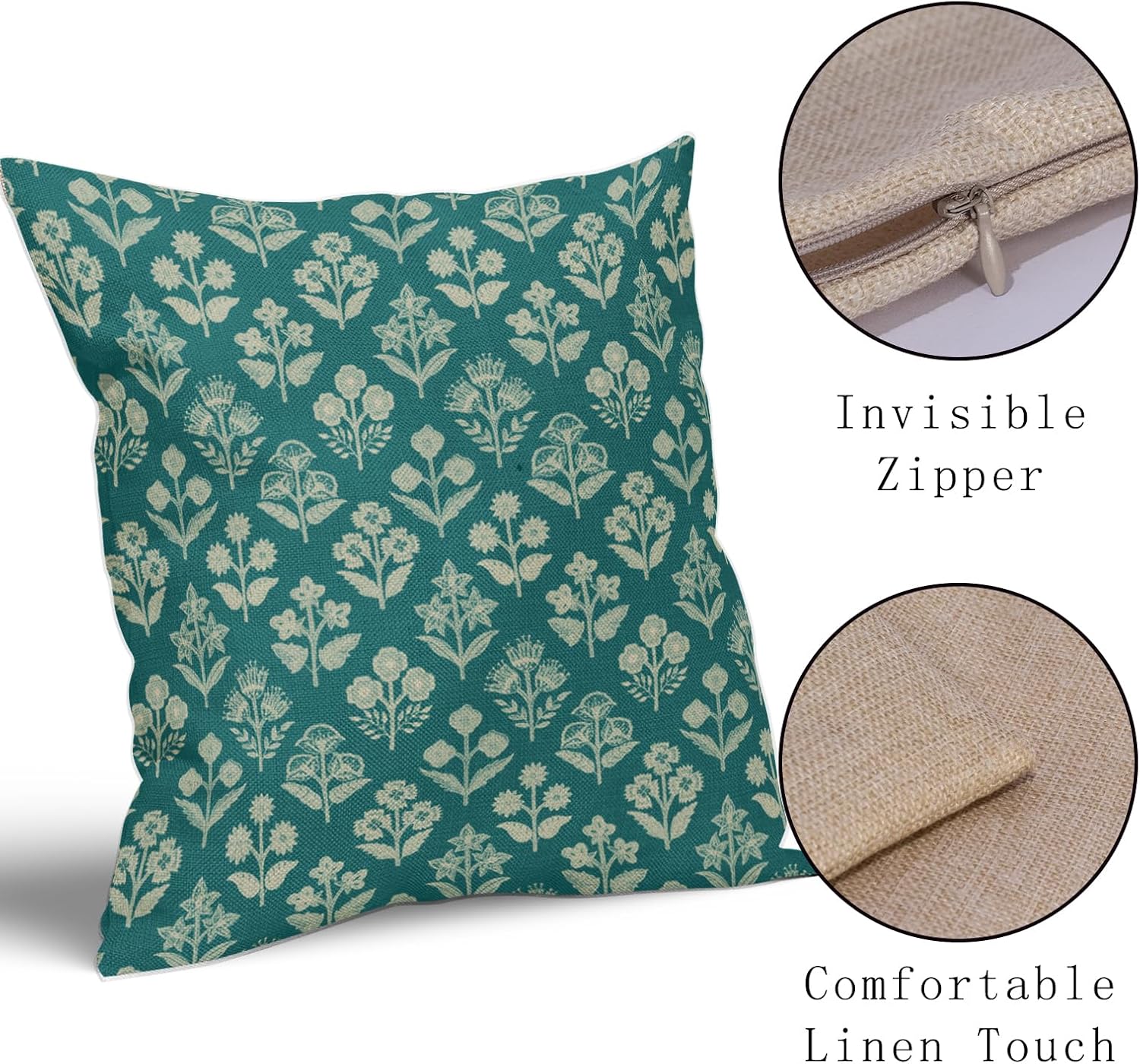 Teal Floral Block Print Pillow Covers 18x18 Inch Set of 2, Vintage Flower Pattern Decorative Throw Pillowcases Outdoor Farmhouse Cushion…