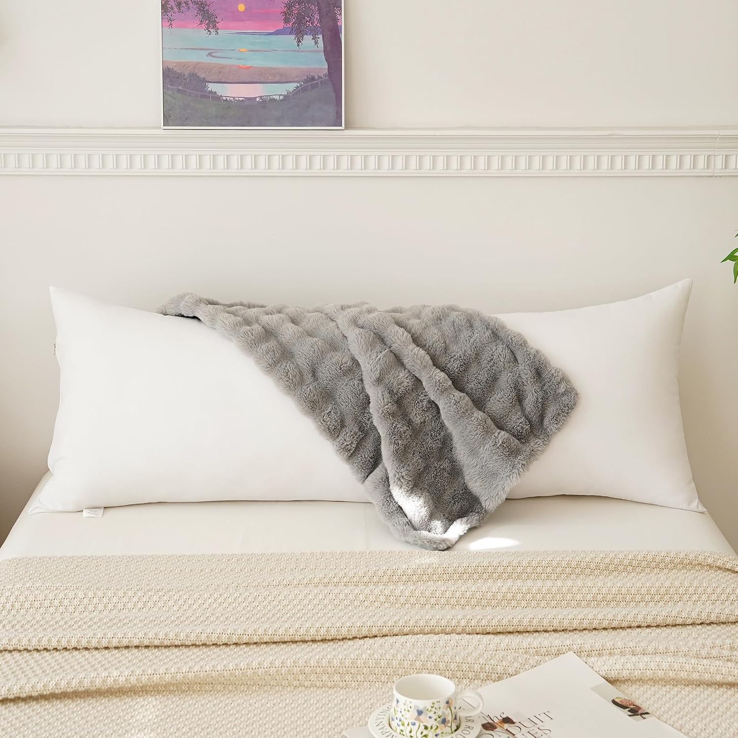 Memfydu Full Body Pillow with Fluffy Bubble Waffle Carved Faux Fur Removable Cover, Long Bed Pillow Adult 20x54 Inches for Side Sleeper and…