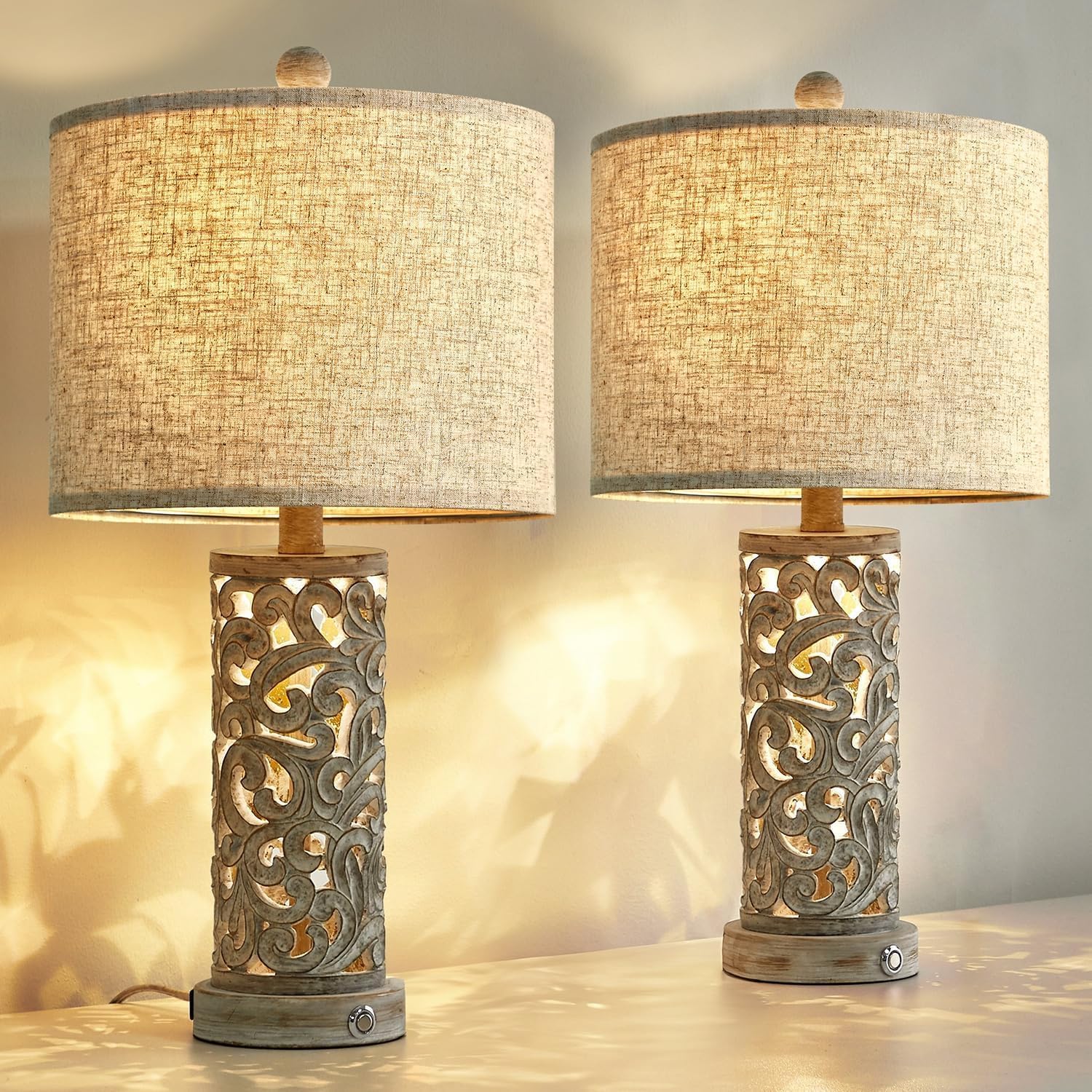 Oyears Bedside Table Lamps Set of 2 with USB & Night Light, 22'' Dimmable Touch Lamps for Nightstand, Farmhouse Lamps for Bedroom Living Ro…