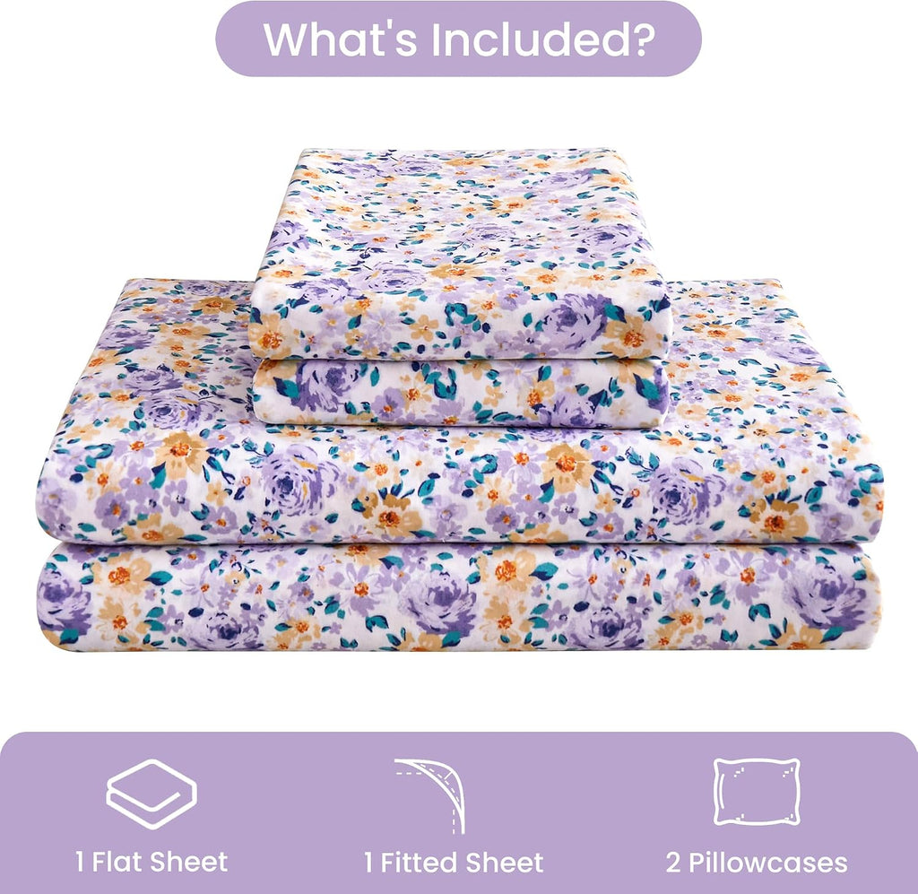 mooreeke Floral King Bed Sheets, Soft Microfiber Vintage Printed Bedding Sheets & Pillowcases, Deep Pocket Non-Slip Fitted King Sheet, Purp…
