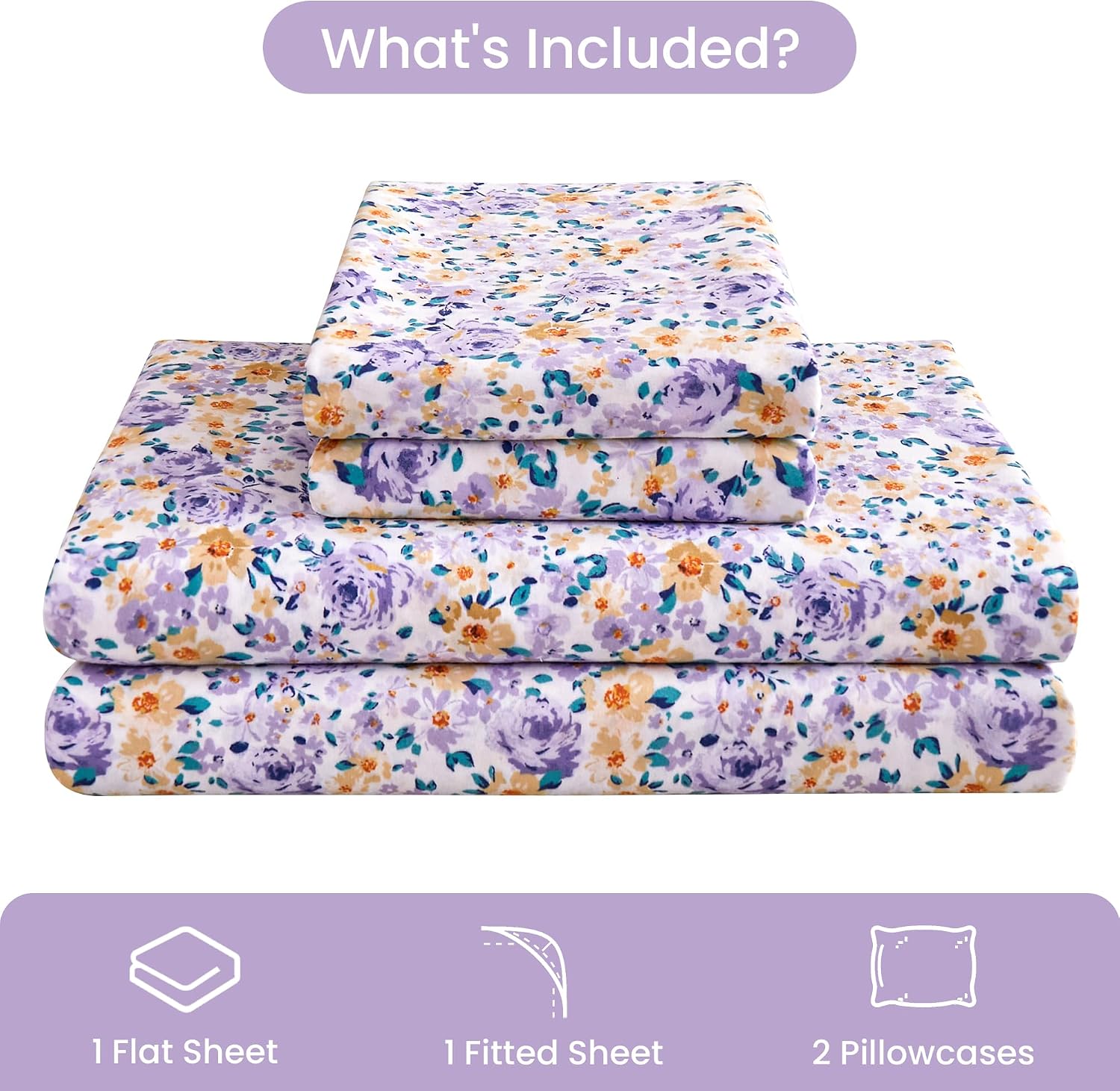 mooreeke Floral King Bed Sheets, Soft Microfiber Vintage Printed Bedding Sheets & Pillowcases, Deep Pocket Non-Slip Fitted King Sheet, Purp…