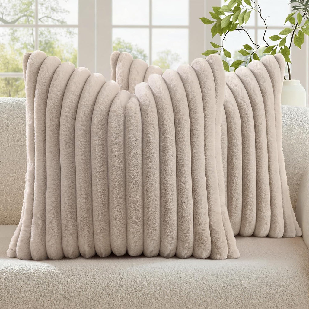 decorUhome Cozy Faux Fur Throw Pillow Covers 26x26 Set of 2 Decorative Soft Plush Striped Modern Farmhouse Boho Couch Euro Sham Pillow Case…