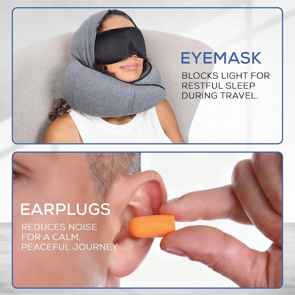 Travel Neck Pillows for Airplanes – Sleep Comfortably on Long Flights, Roadtrips, Home or Office. All-in-One Travel Sleep Kit with Hood…