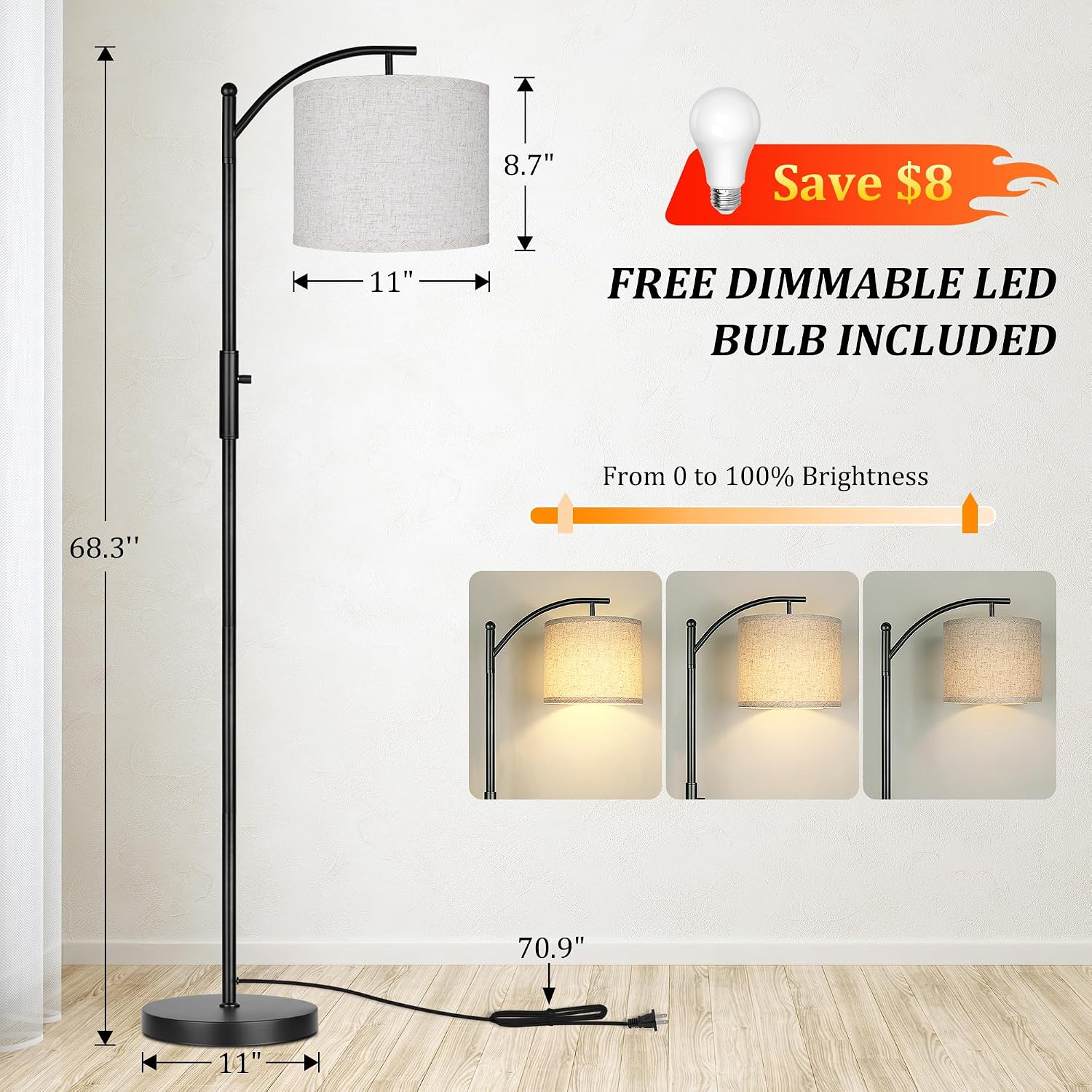 ROTTOGOON Dimmable Floor Lamp, Arc Floor Lamps for Living Room, Stepless Dimming Modern Standing Lamp with Linen Shade, Tall Lamp for…