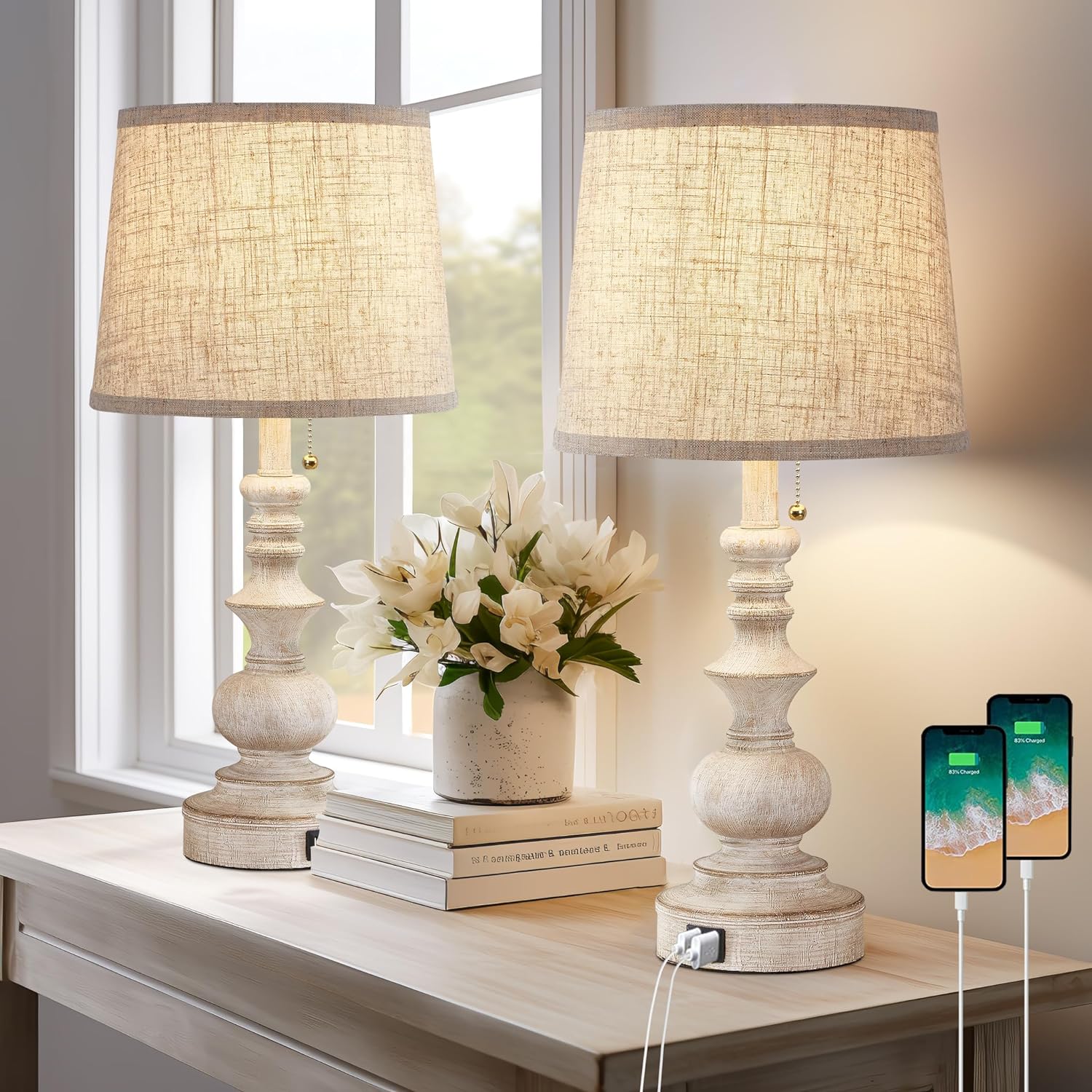 Drawealth Table Lamps for Bedrooms Set of 2 Farmhouse Bedside Lamps for Nightstand with USB Charging Ports Traditional Side Table Lamps…