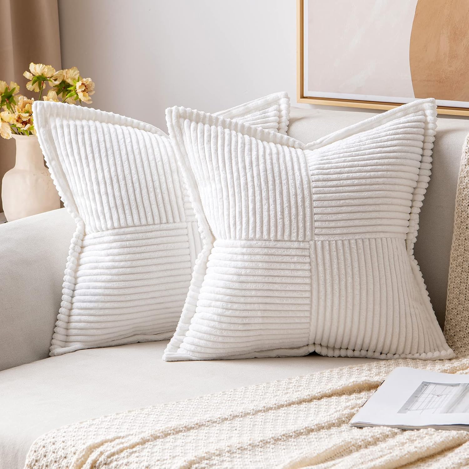 MIULEE Decorative Throw Pillow Covers for Couch Bed Livingroom 18x18 Inch Set of 2 White Boho Accent Throw Pllows Broadside Striped…