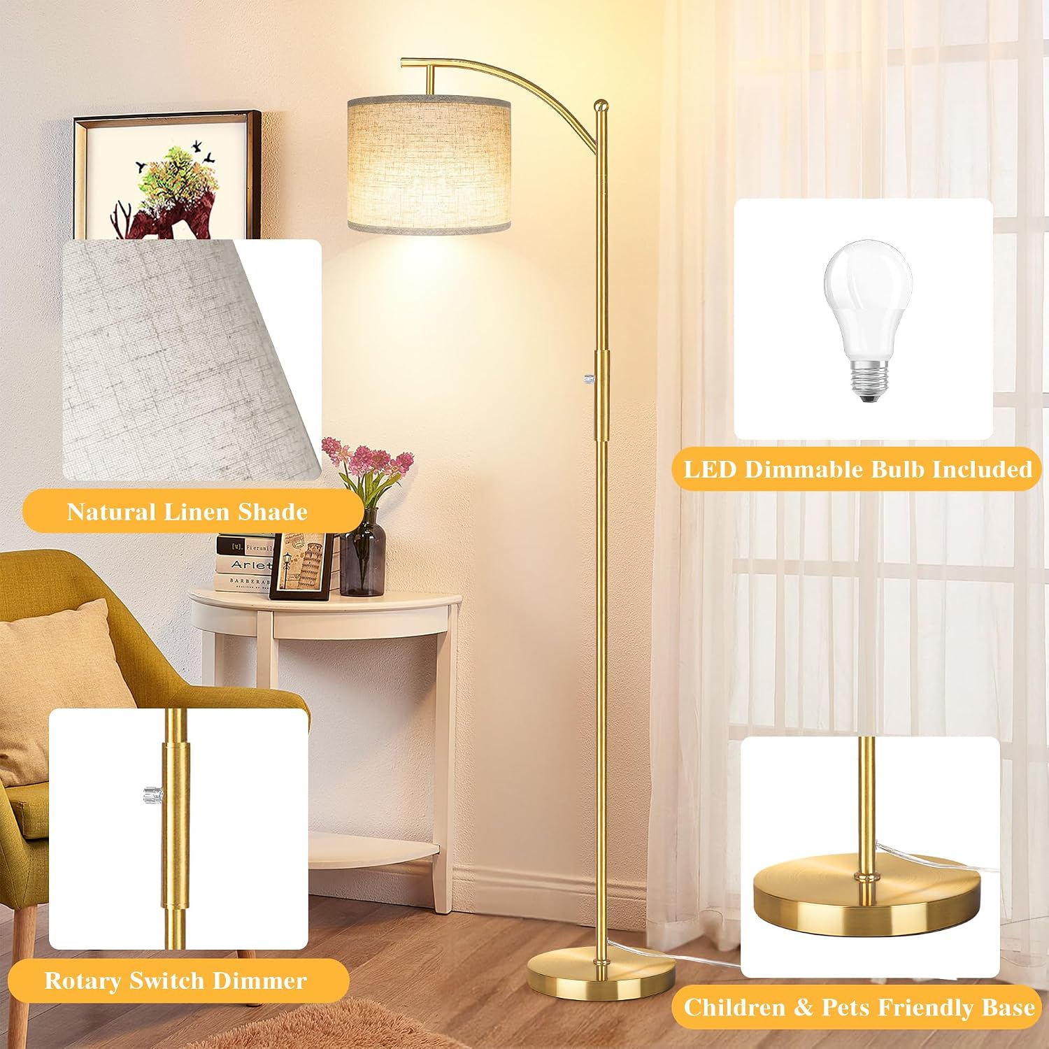 ROTTOGOON Dimmable Floor Lamp, Arc Floor Lamps for Living Room, Stepless Dimming Modern Standing Lamp with Linen Shade, Tall Lamp for…
