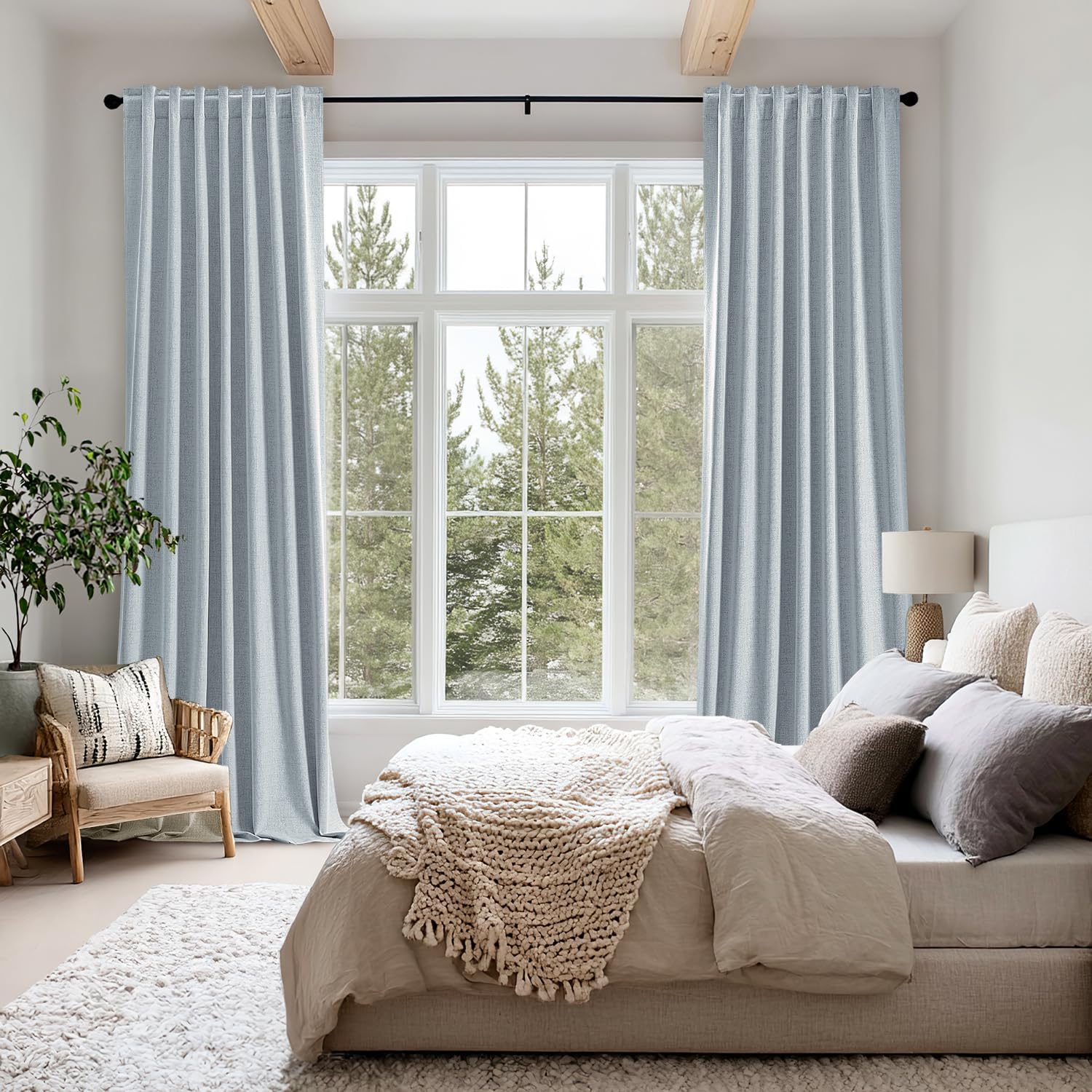 Miulee 100% Blackout Linen Curtains for Bedroom, Chambray Blue Solid Luxury Decor Thermal Insulation Room Darkening Drapes for Living Room…