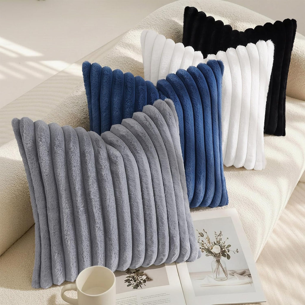 decorUhome Cozy Faux Fur Throw Pillow Covers 20x20 Set of 2 Decorative Soft Plush Striped Modern Farmhouse Boho Couch Pillow Cases with Vel…