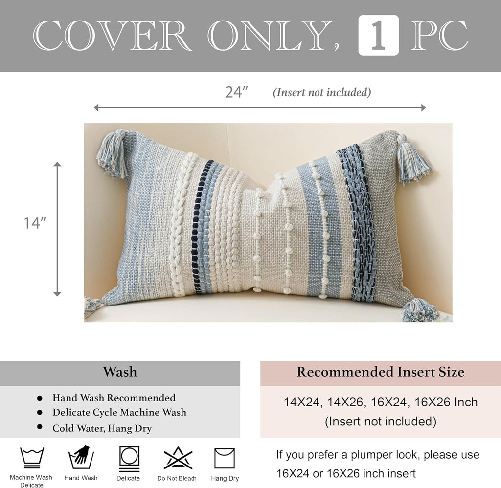 BlissBlush Decorative Lumbar Throw Pillow Cover 14x24 Boho Coastal Blue Accent Cushion for Couch Sofa Farmhouse Pillowcase for Bedroom…