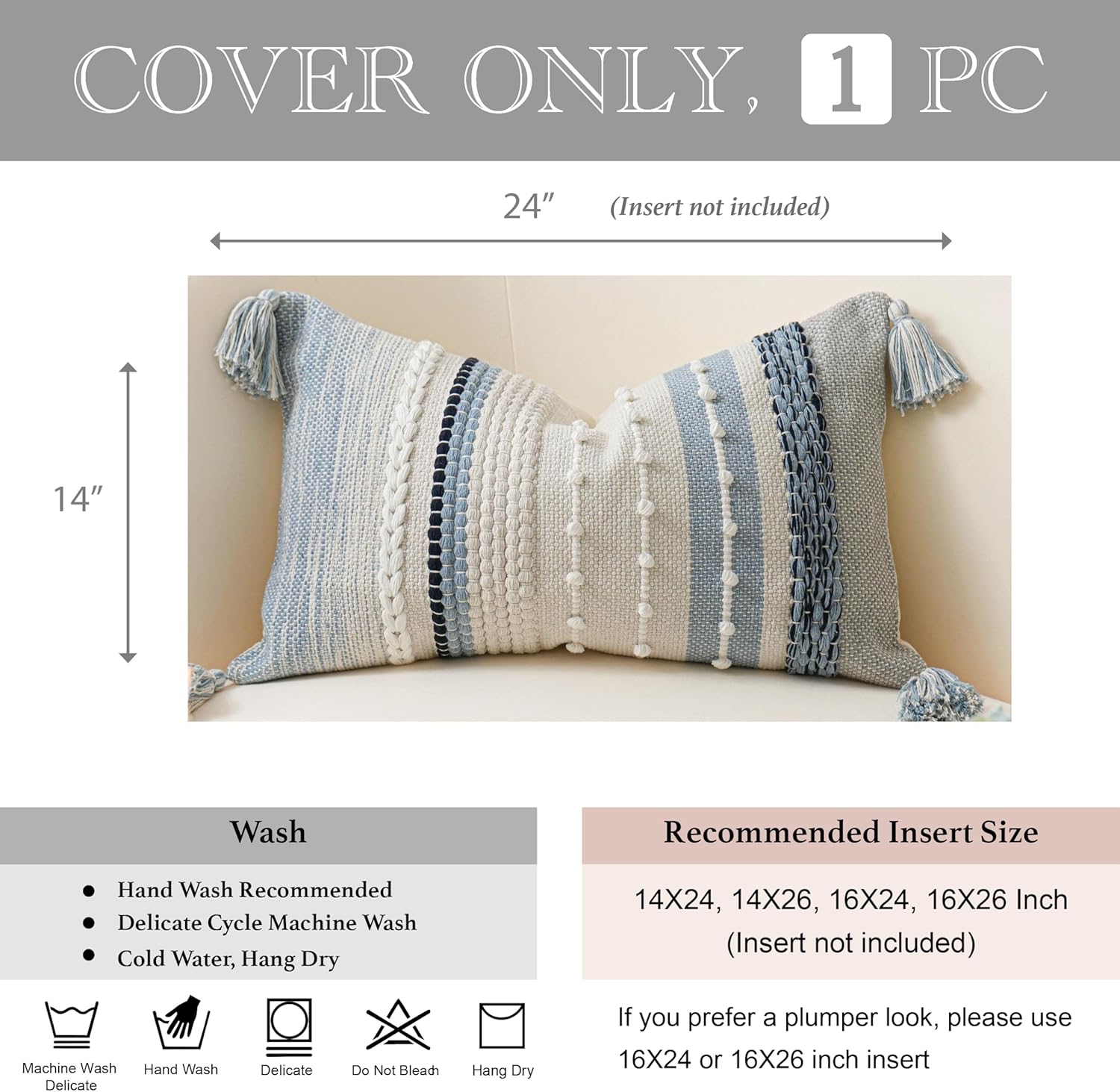 BlissBlush Decorative Lumbar Throw Pillow Cover 14x24 Boho Coastal Blue Accent Cushion for Couch Sofa Farmhouse Pillowcase for Bedroom…