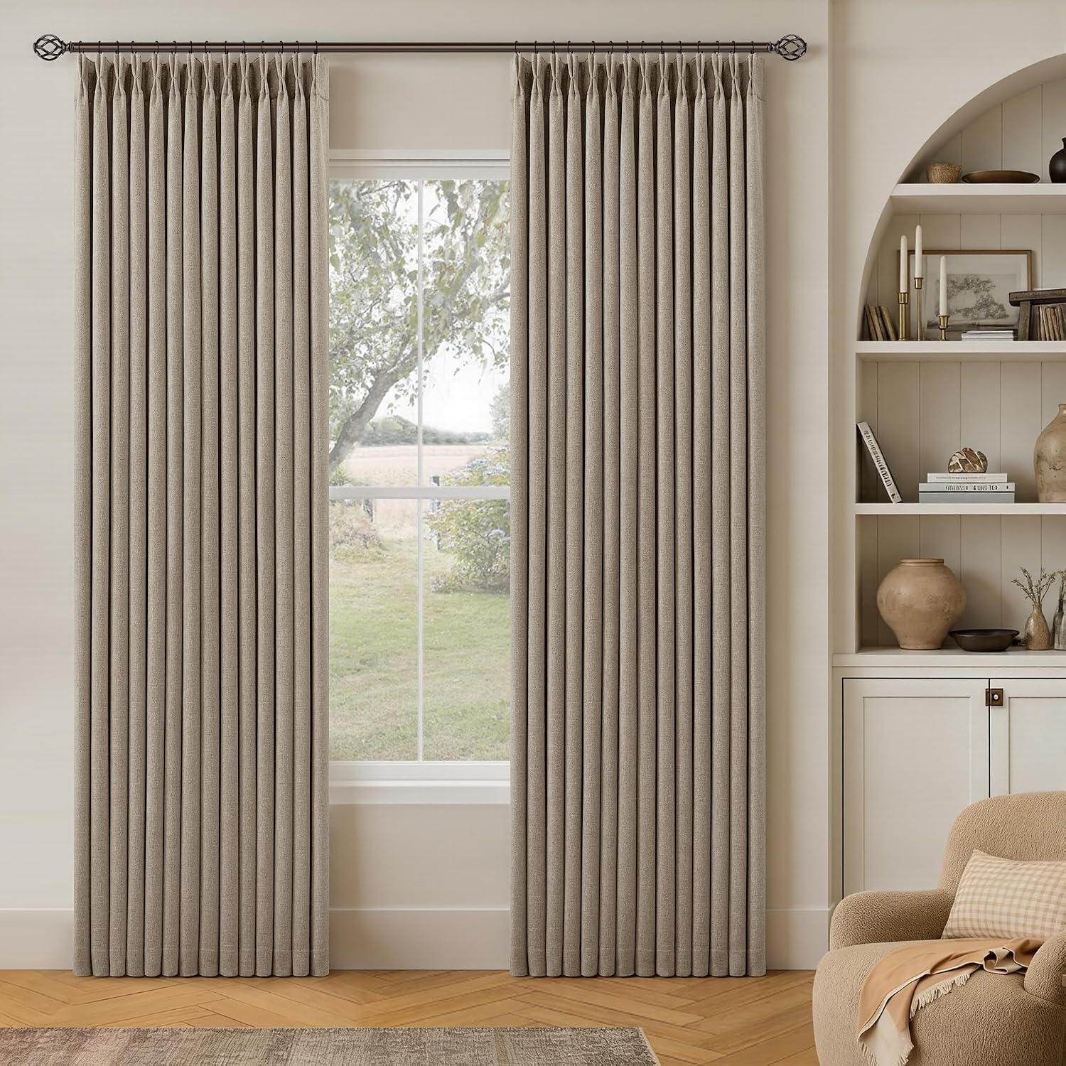 Twodrapes Dark Flax 80 Inch Pinch Pleated Blackout Linen Curtains for Bedroom 2 Panels Memory Trained 100% Black Out Soundproof Living Room…