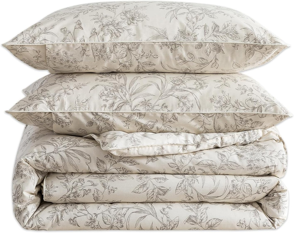 Puralens Beige Floral Duvet Cover Queen 100% Cotton, Vintage Patterned Soft Crisp Percale Toile Comforter Cover Set, Shabby Flower Chic Cut…