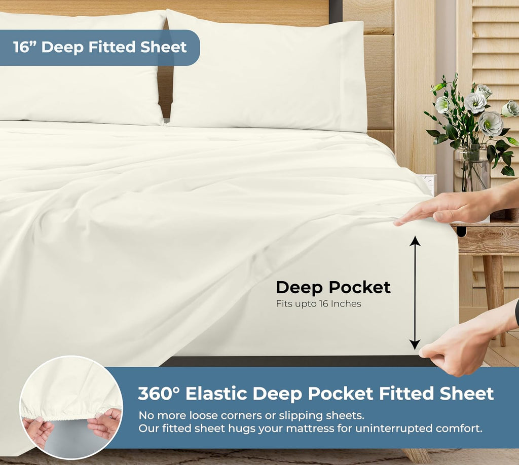 Royalelinens ROYALE LINENS 100% Organic Cotton Queen Sheet Set - Percale Weave - 4 Pieces Set - 1 Flat, 1 Deep Pocket Fitted Sheet and 2 Pi…