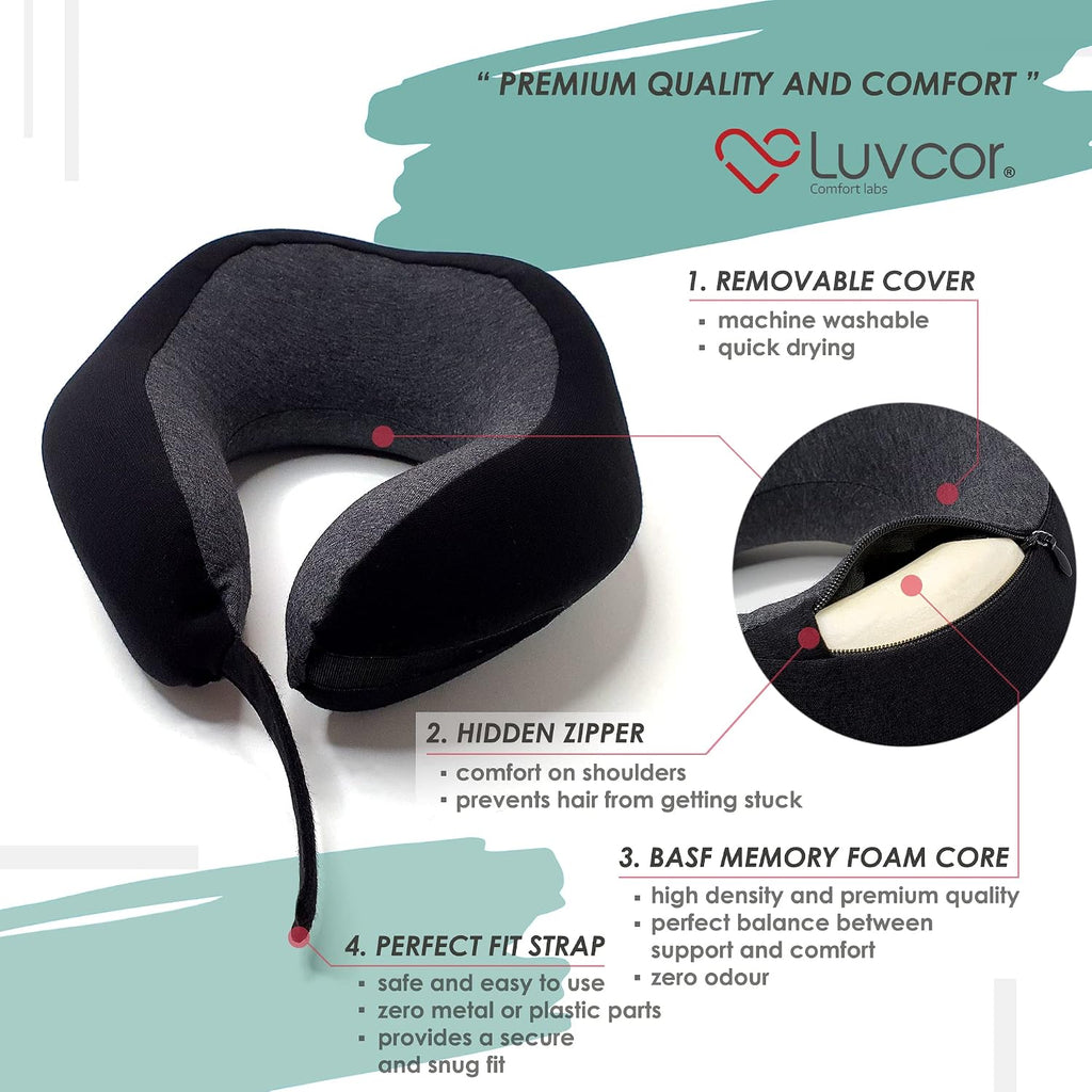 Premium Quality Memory Foam Travel Neck Pillow Bundle - Best Ergonomic Pillow for Airplane Travel, car Ride, Sleeping. Comes with Eye…