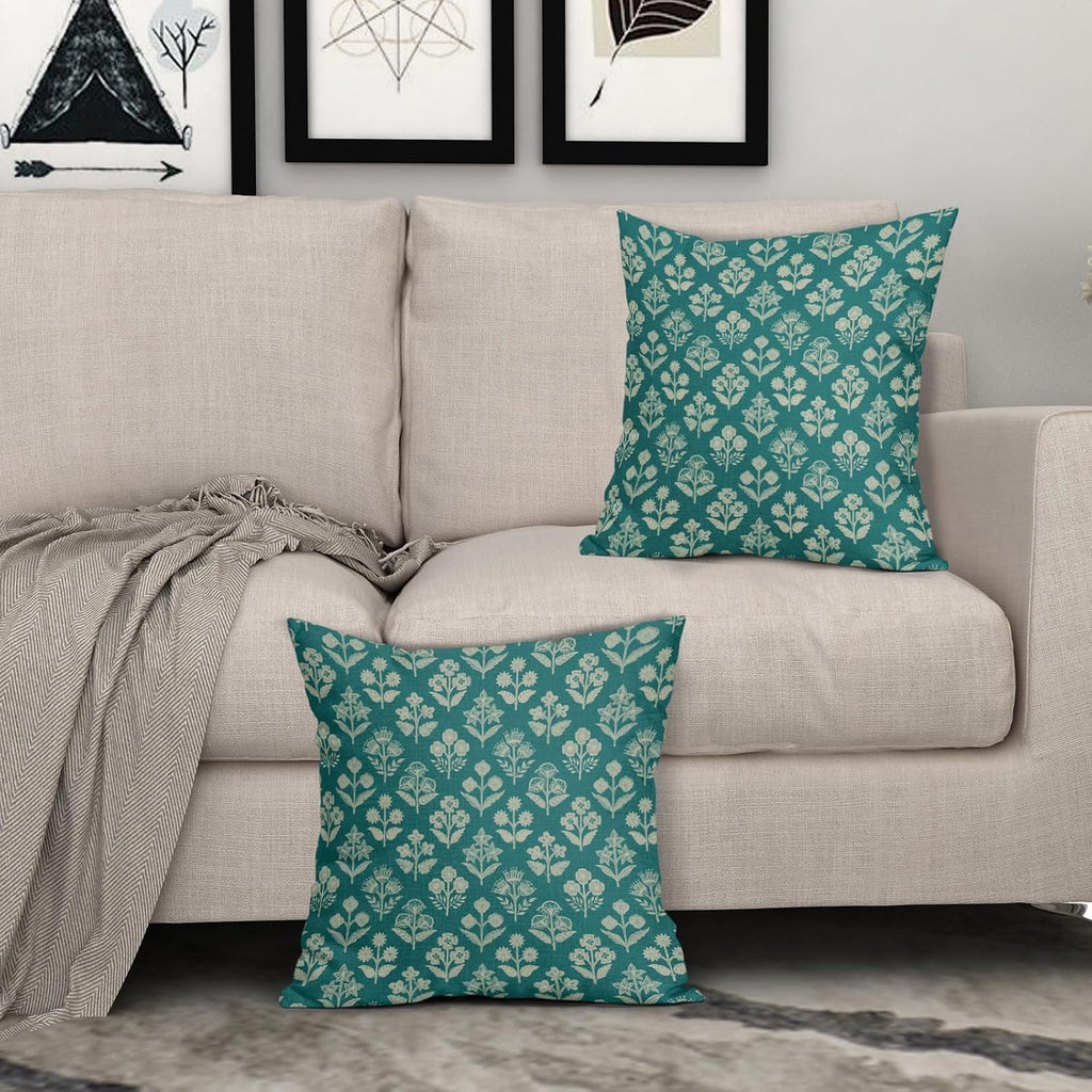 Teal Floral Block Print Pillow Covers 18x18 Inch Set of 2, Vintage Flower Pattern Decorative Throw Pillowcases Outdoor Farmhouse Cushion…