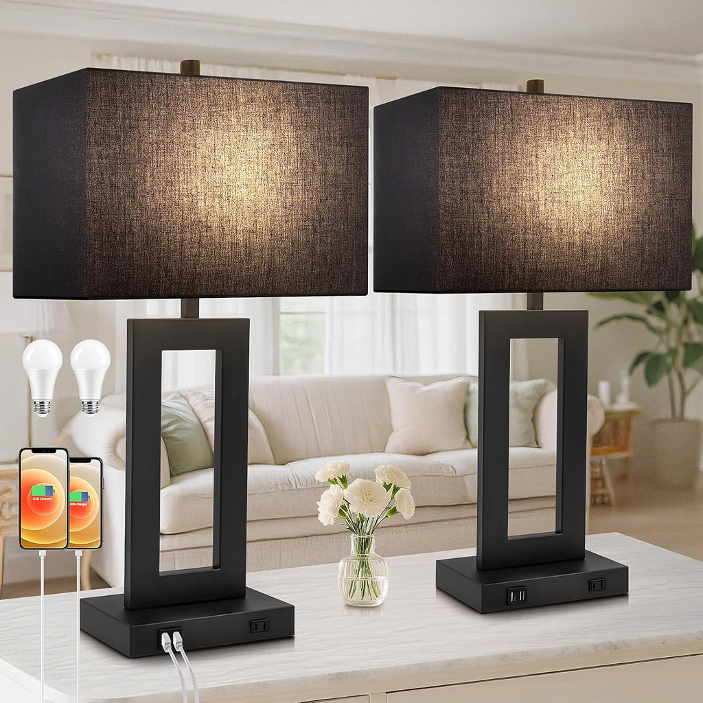 Tobusa 28’’ Tall Black Lamps for Living Rooms Set of 2, Modern Touch Control Table Lamps for Bedroom, 3 Way Dimmable Bedside Lamps with 2 U…