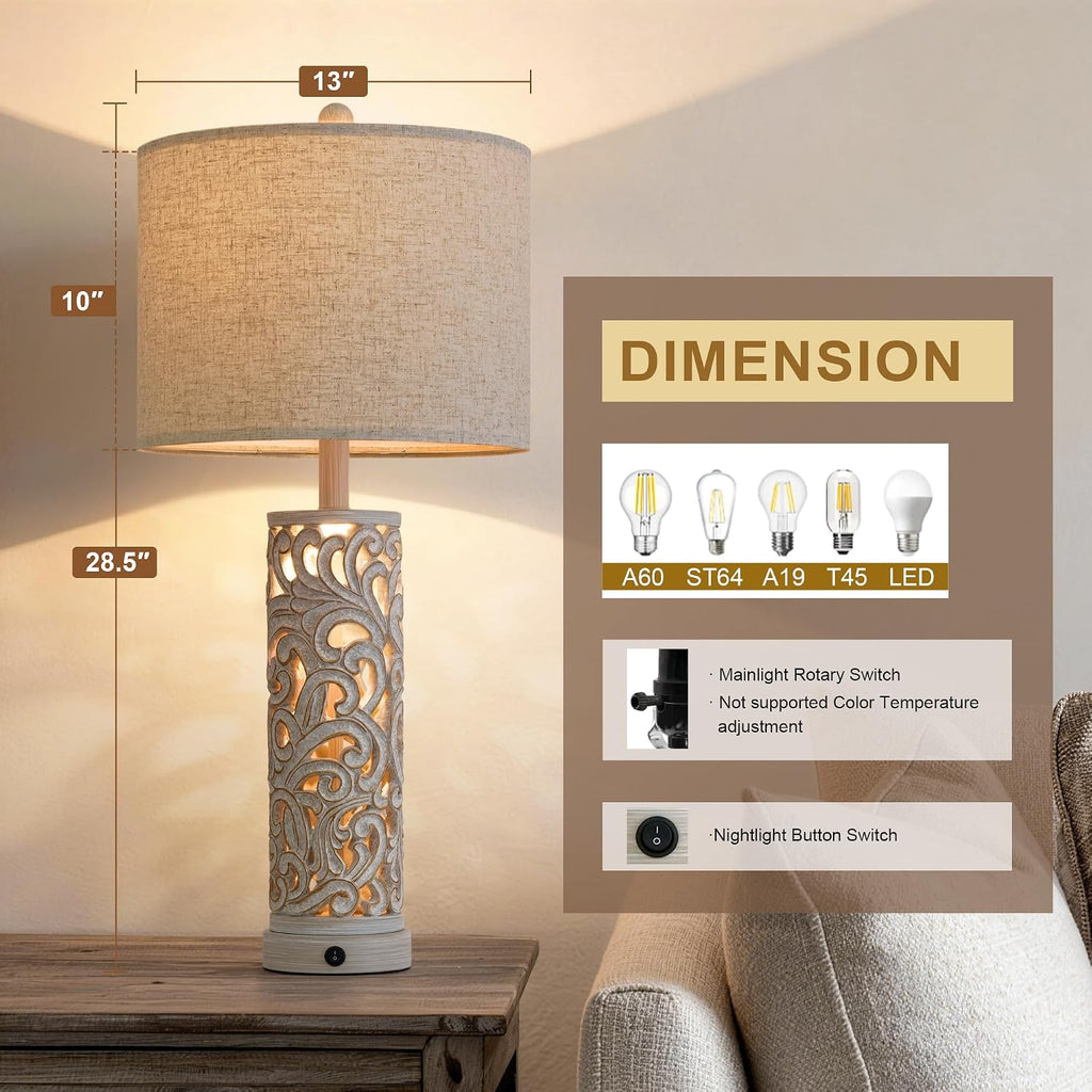 OYEARS 2-in-1 Light Table Lamp Set of 2 for Living Room, 28.5" Farmhouse Bedside Lamps with USB Charging Port, Main&Night Light & Dual…