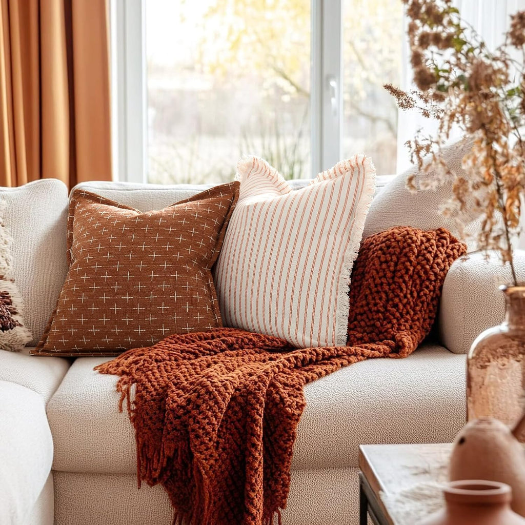 Zwjd Fall Pillow Covers 22x22 Set of 2 Soft Polyester Textured Rust Pillow Covers with Stylish Flange Edge Cozy Farmhouse Throw Pillows for…