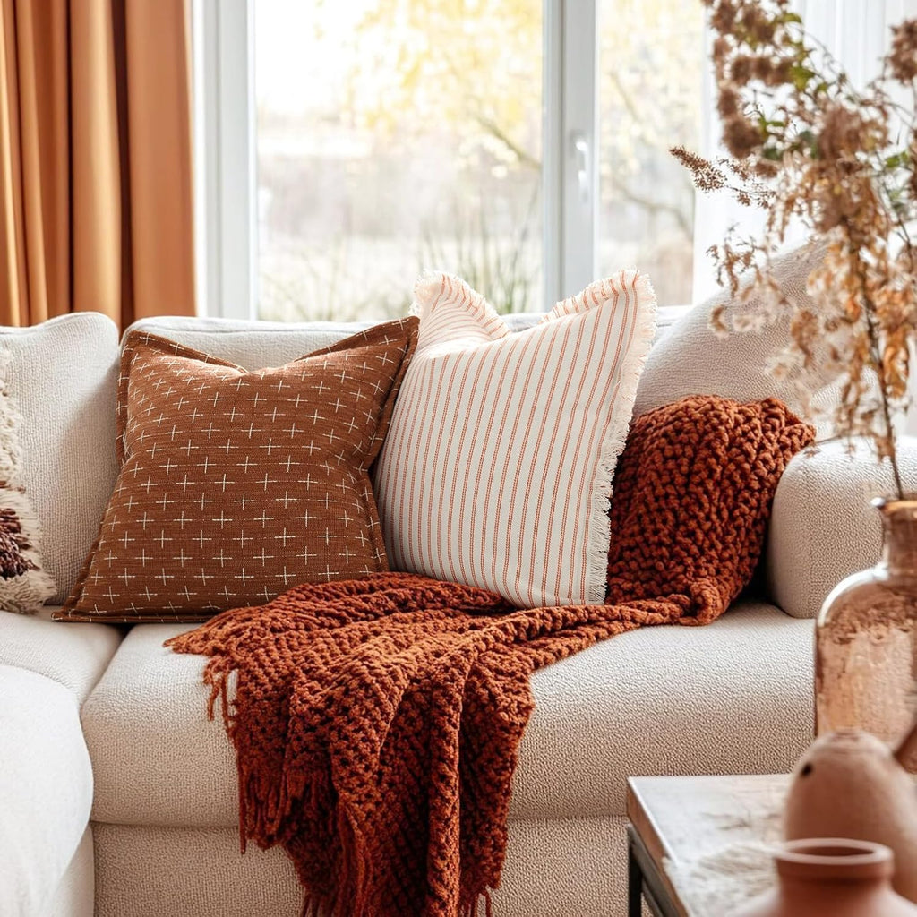 Zwjd Fall Throw Pillow Covers 26x26 Set of 2 Soft Polyester Textured Rust Pillow Covers with Stylish Flange Edge Cozy Farmhouse Throw Pillo…