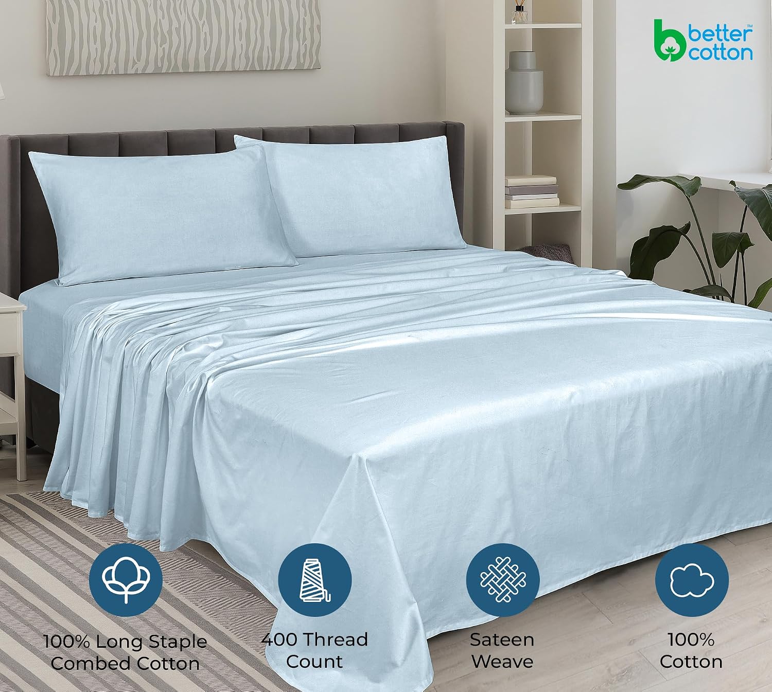 Royalelinens ROYALE LINENS 400 Thread Count 100% American Grown Cotton 4 Piece Sateen King Sheet Set - 1 Fitted Sheet, 1 Flat Sheet, 2 Pill…