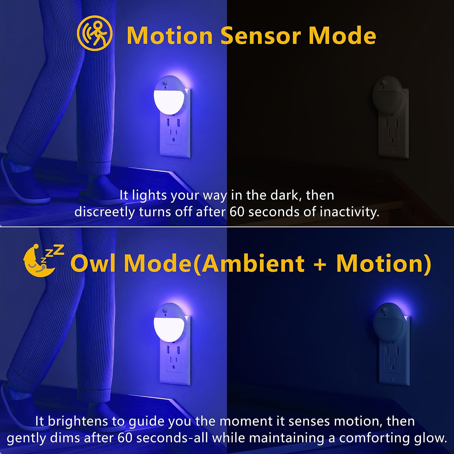 YUNLEX 2 Pack Plug in Night Light with Motion Sensor and Dusk to Dawn Sensor, Stepless Dimming, Blue LED Nightlight with 3 Lighting Ways…
