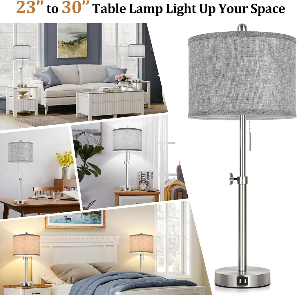 Silver Table Lamps Set of 2 for Living Room Bedroom, 23''-30'' Adjustable Height Bedside Lamps with 2 USB Ports, Industrial Nickle…