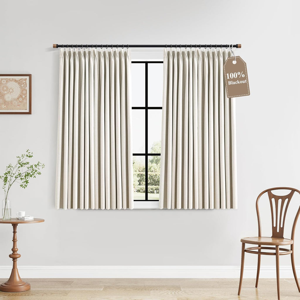 Boodii Natural Cream 100% Blackout Linen Pinch Pleated Curtains 54 Inche for Bedroom Dining Room Boho Black Out Curtain Memory Trained Priv…