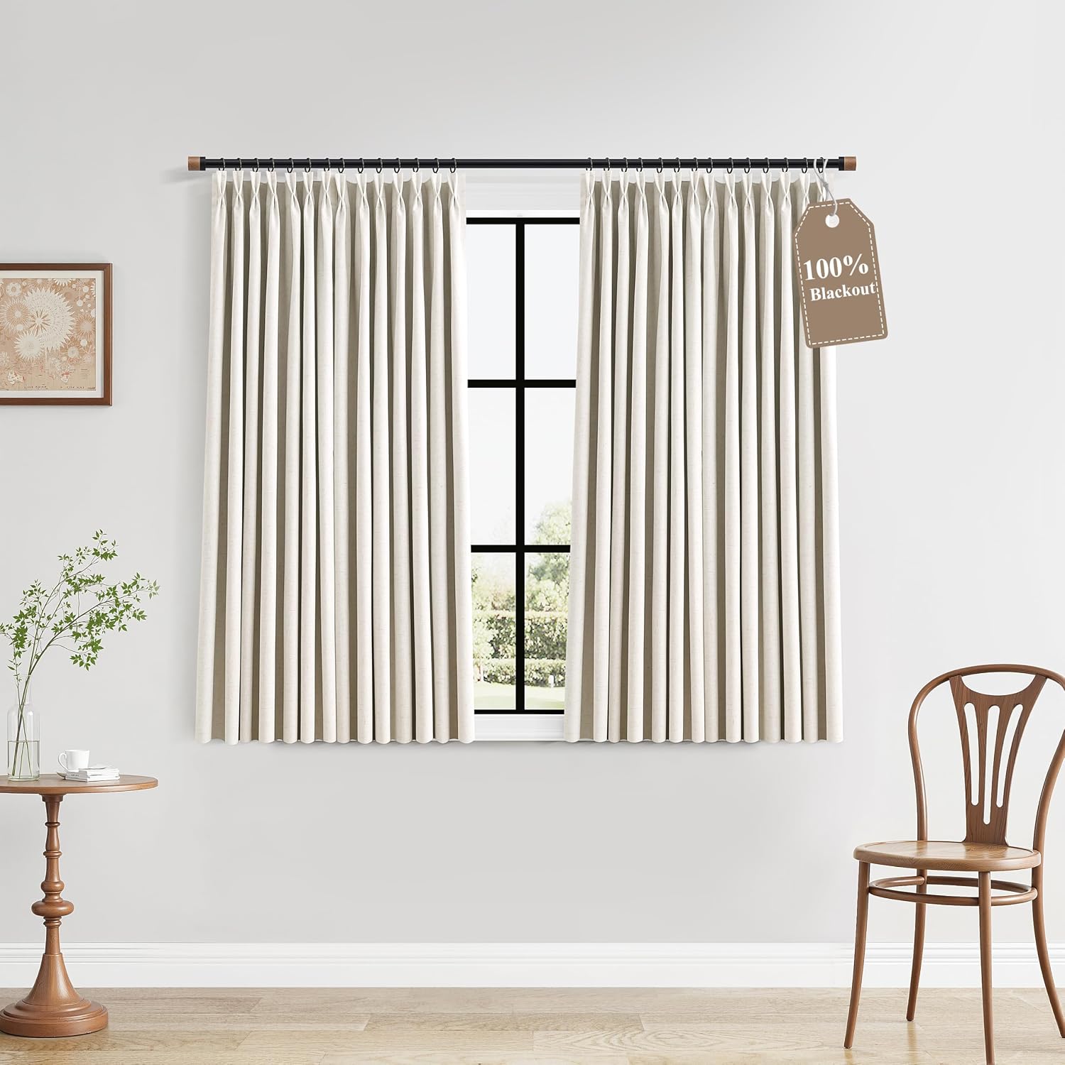 Boodii Natural Cream 100% Blackout Linen Pinch Pleated Curtains 54 Inche for Bedroom Dining Room Boho Black Out Curtain Memory Trained Priv…
