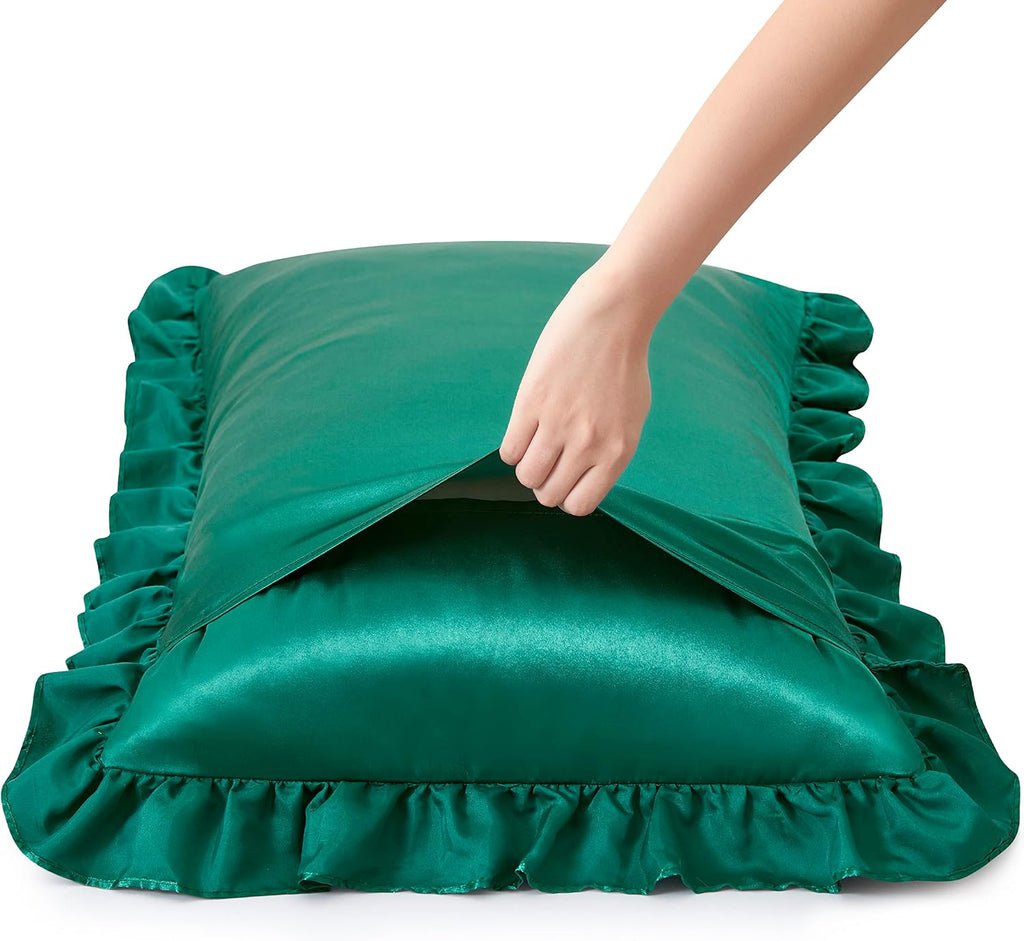 HommxJF Silky Satin Ruffled Pillow Cases for Hair and Skin, Blackish Green Silk Pillowcases Standard Set of 2 with Envelope Closure Princess…