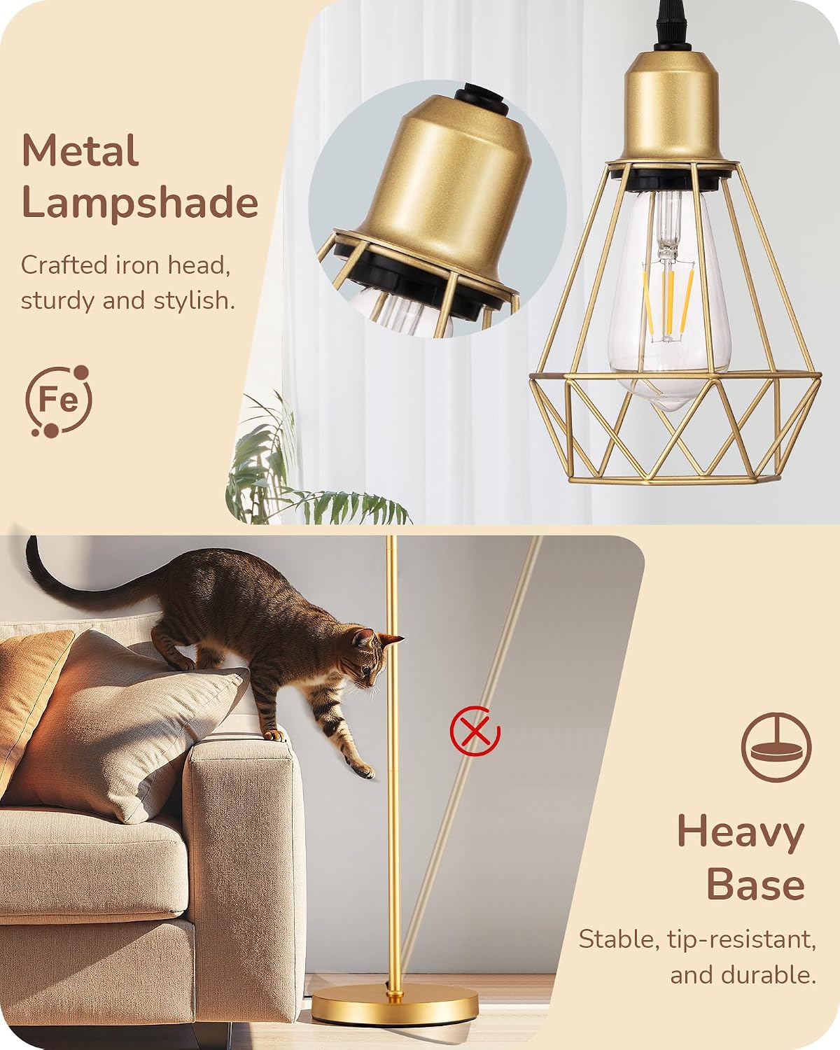 Edishine 70'' Dimmable Industrial Floor Lamp, Farmhouse Standing Lamps Diamond-Shaped Lampshade, 3 LED Edison Bulbs Included, Modern Rustic…