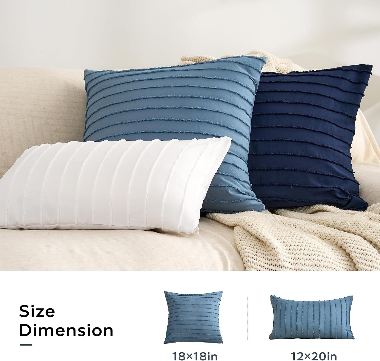 Jellymoni 2 Pack Blue Pillowcases 12" x20", Soft Microfiber Striped Tufted Pillow Covers(Pillows are not Included) 2 Pack 20 inches Blue
