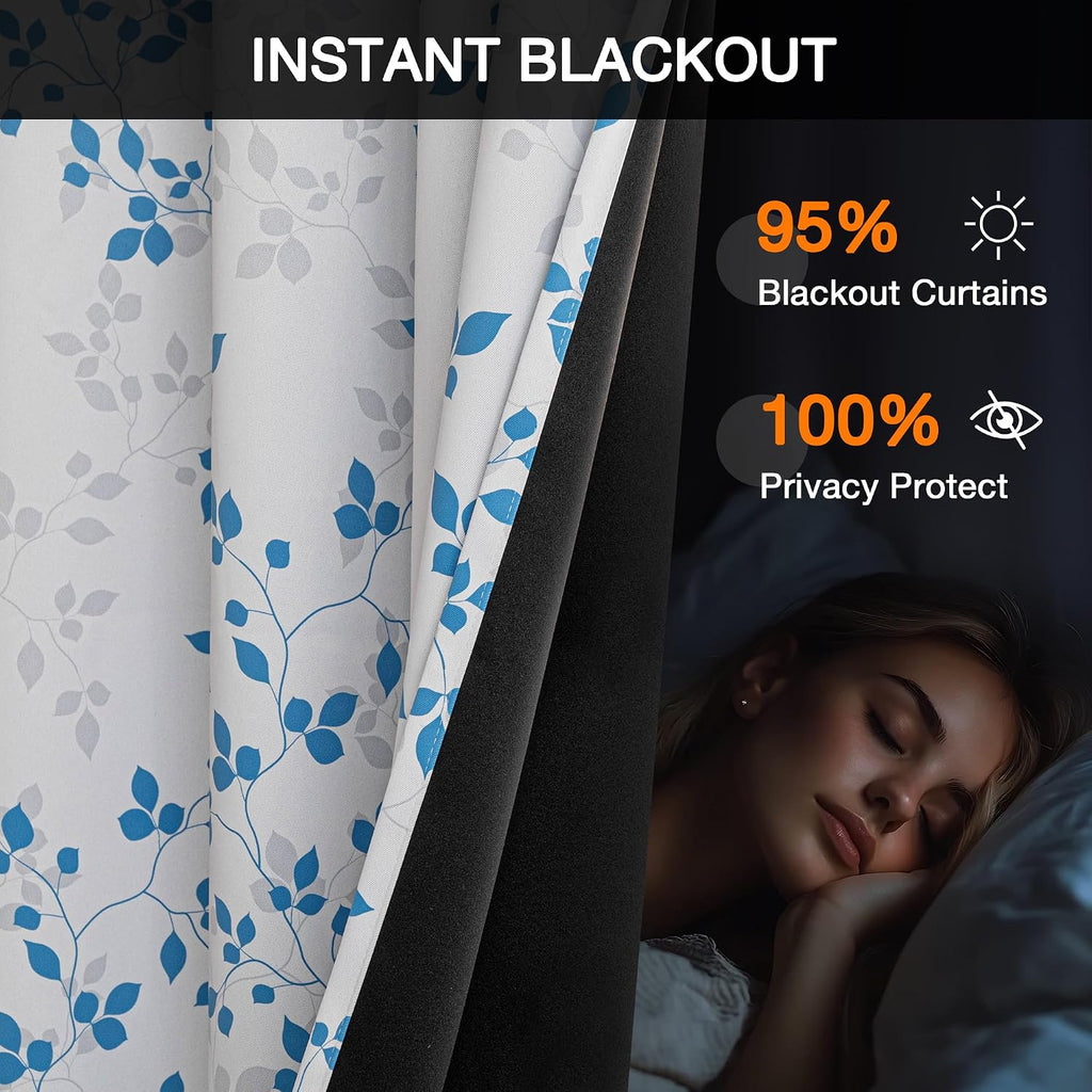 Meetsky 95% Blackout Curtains 84 Inch Long 2 Panels Set - Blue Leaves Patterned Curtain for Living Room, Room Darkening Thermal Insulated G…