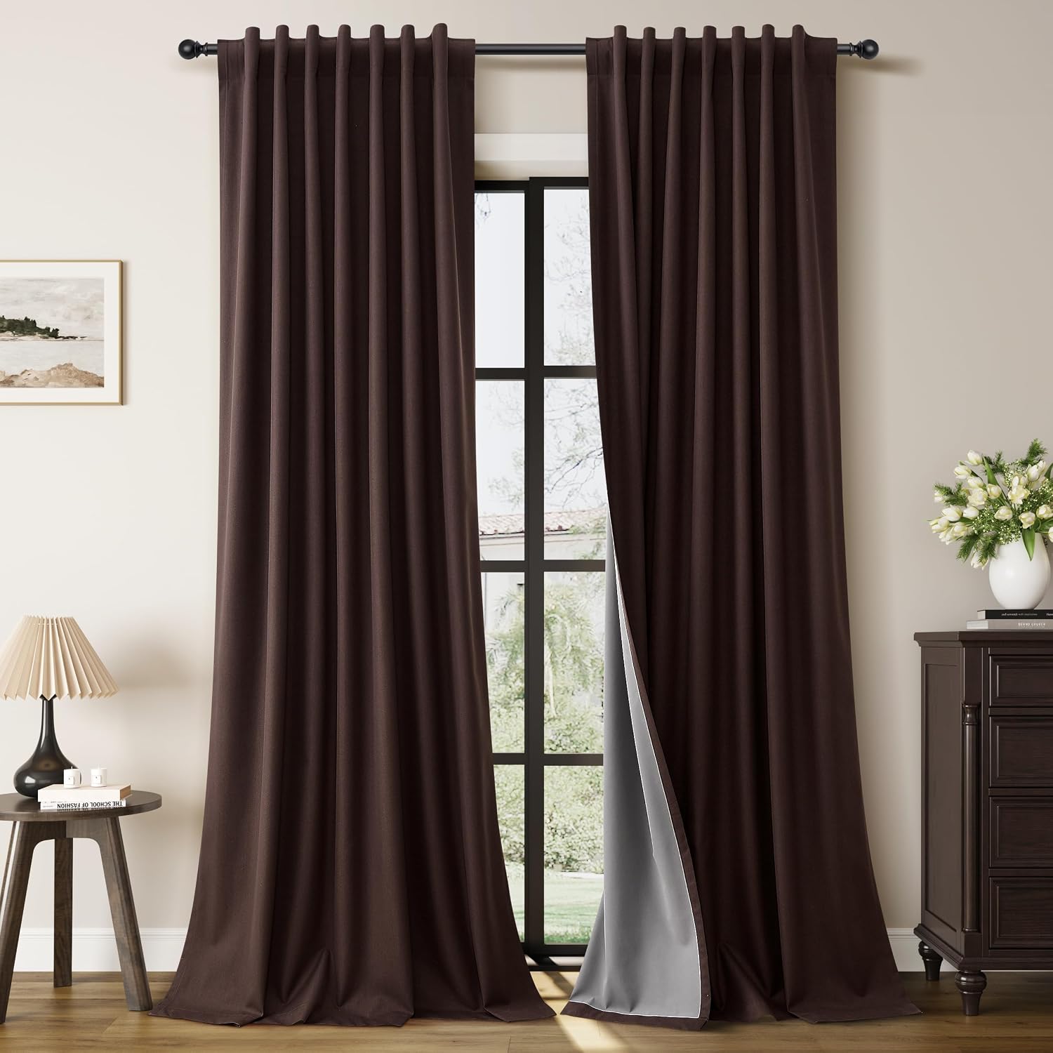 Guken Coffee Linen 100% Blackout Curtains for Bedroom 84 Inch Length 2 Panels Set Textured Elegant Black Out Thermal Insulated Soundproof B…