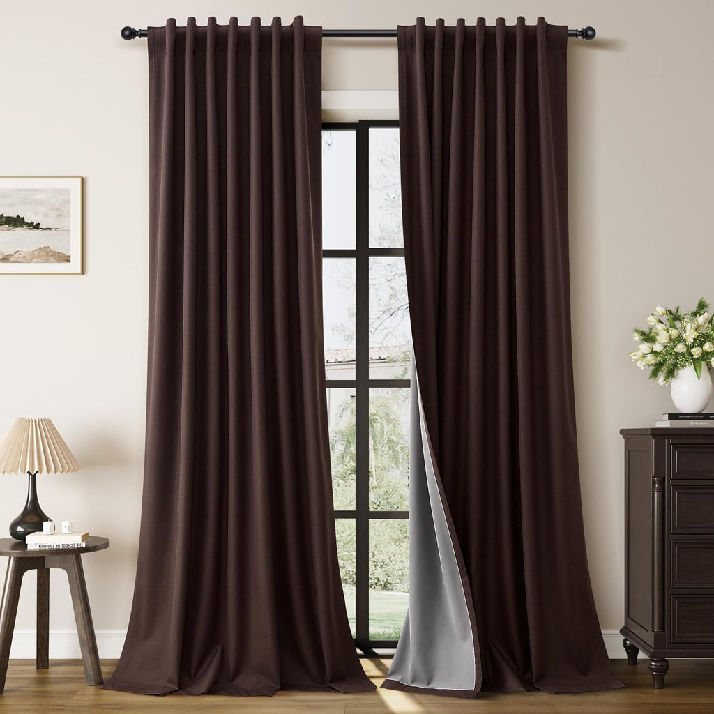 Guken Coffee Linen 100% Blackout Curtains for Bedroom 120 Inches Long Elegant Black Out Light Blocking Thermal Insulated Back Tab Patio Cur…