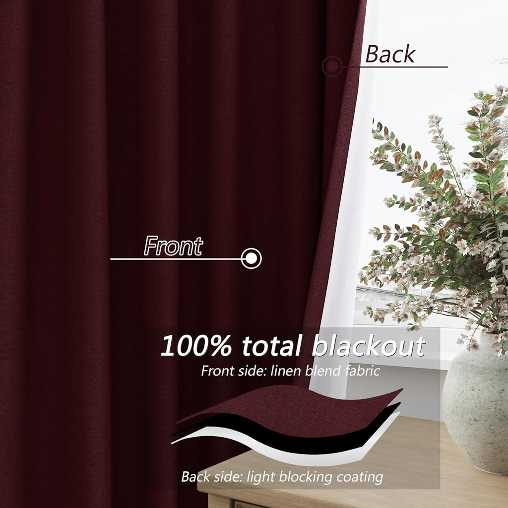 Guken Burgundy 100% Blackout Linen Curtains 102 Inch Length 2 Panels Set for Living Room Bedroom Back Tab Thermal Insulated Black Out Drape…
