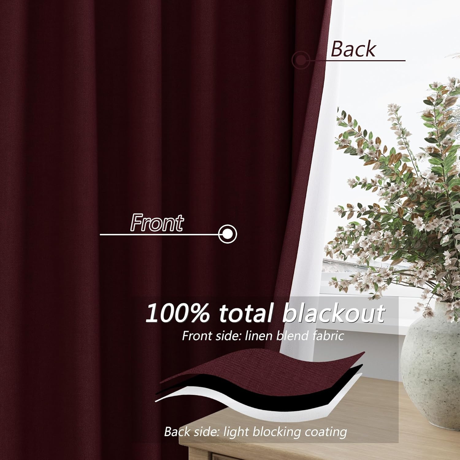 Guken Burgundy 100% Blackout Linen Curtains 102 Inch Length 2 Panels Set for Living Room Bedroom Back Tab Thermal Insulated Black Out Drape…