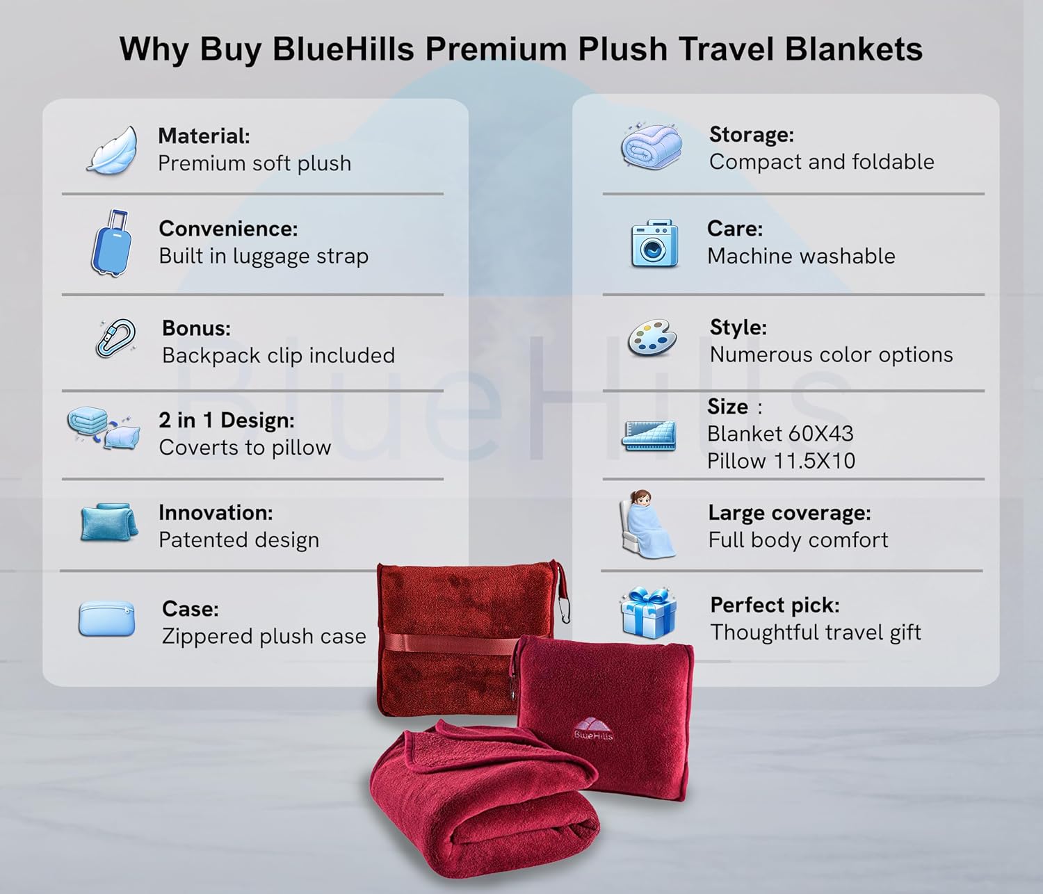 BlueHills Premium Soft Travel Blanket Pillow Airplane Blanket Packed in Soft Bag Pillowcase with Hand Luggage Belt and Backpack Clip…