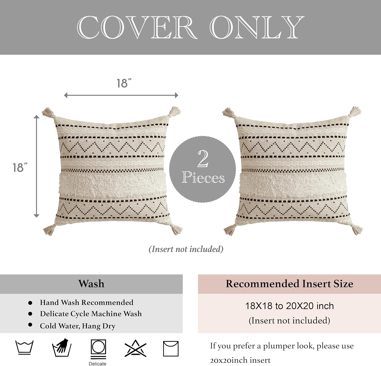 BlissBlush Decorative Throw Pillow Covers 18x18 Combo Set of 2 Square Boho Black Neutral Accent Pillowcase Tassels Farmhouse Cushion for…