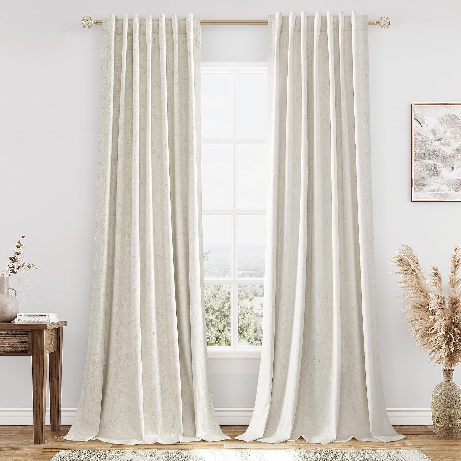 Guken Cream 100% Blackout Linen Curtains 102 Inch Length 2 Panels Set for Living Room Bedroom Back Tab/Rod Pocket Thermal Insulated Black O…