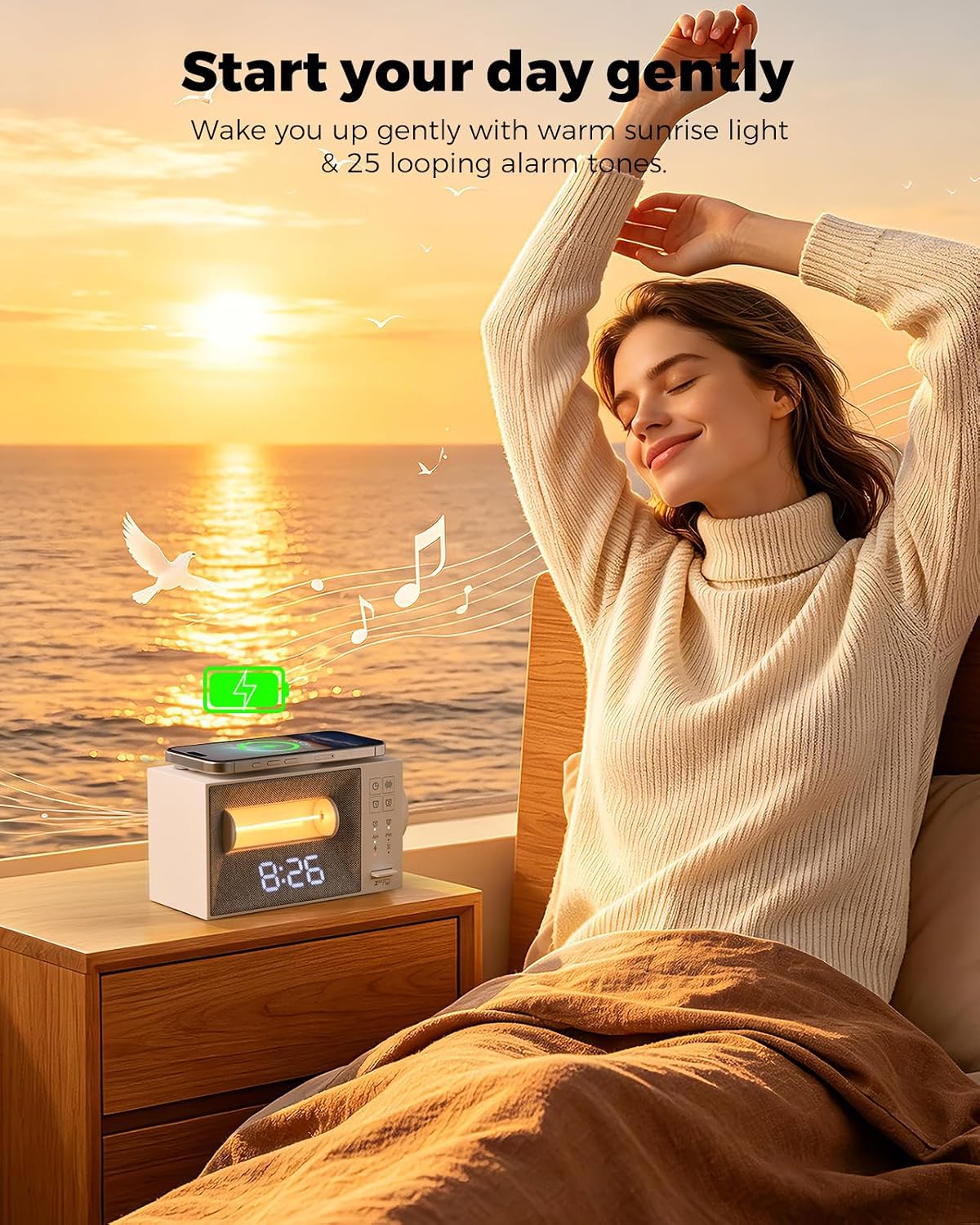BokefoPersonalCare Alarm Clock with 15W Wireless Charger, White Noise Machine with 20 Soothing Sounds, Sunrise Wake Up Light for Bedrooms,…