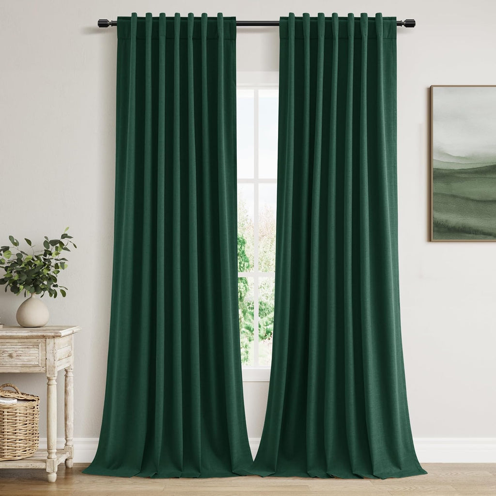 Guken Dark Green 100% Blackout Curtains 96 Inch Length 2 Panels Set for Living Room Bedroom Back Tab Thermal Insulated Black Out Linen Drap…
