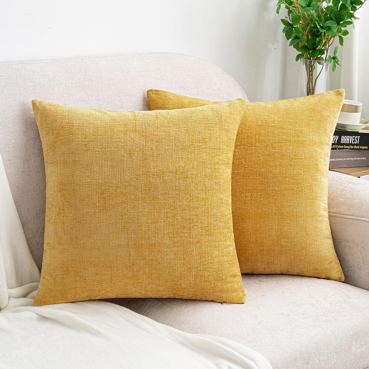 Hwy50 HWY 50 Mustard Yellow Couch Pillow Covers 22x22 Inch Pack of 2, Soft Chenille Decorative Throw Pillow Cases Farmhouse for Sofa Living…