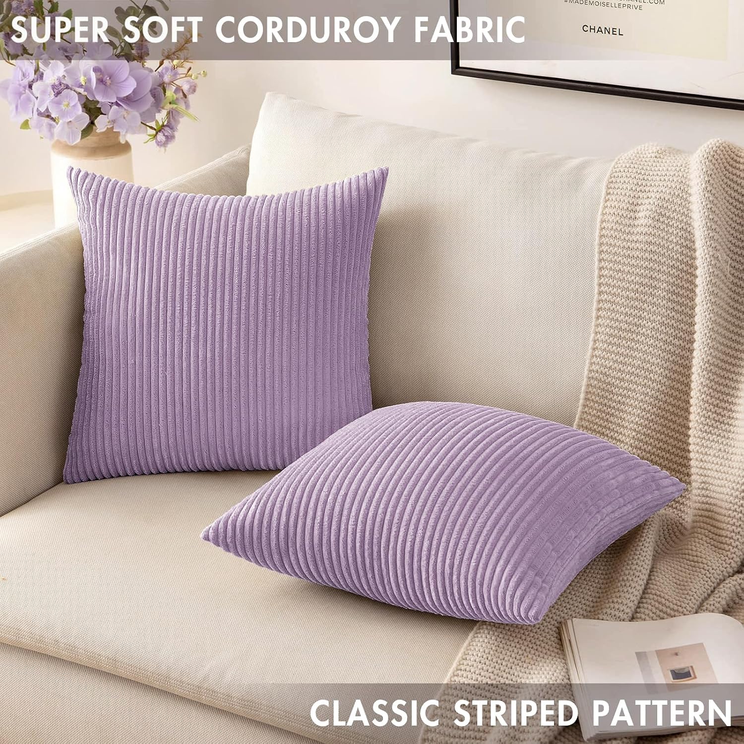 Miulee Pack of 2 Corduroy Pillow Covers Soft Solid Cushion Cases Decorative Boho Square Throw Pillow Covers Lavender Neutral Pillowcases fo…