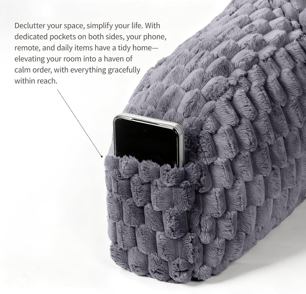 Faux Fur Reading Pillow for Bed Adults, Ultra Soft Plush Floor Backrest Pillow with Side Pockets for Bed & Couch, Perfect for Reading…