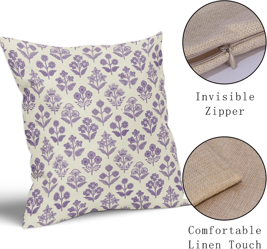Purple Floral Pillow Covers 24x24 Inch Set of 2, Vintage Flower Block Decorative Throw Pillowcases Outdoor Farmhouse Cushion Covers…