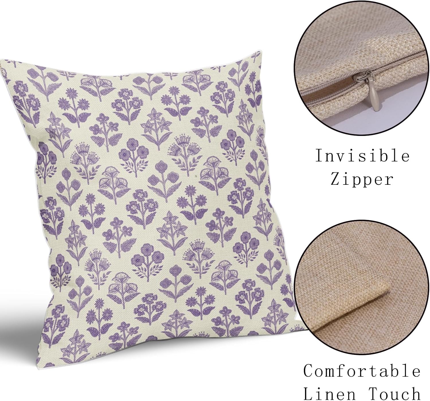 Purple Floral Pillow Covers 22x22 Inch Set of 2, Vintage Flower Block Decorative Throw Pillowcases Outdoor Farmhouse Cushion Covers…